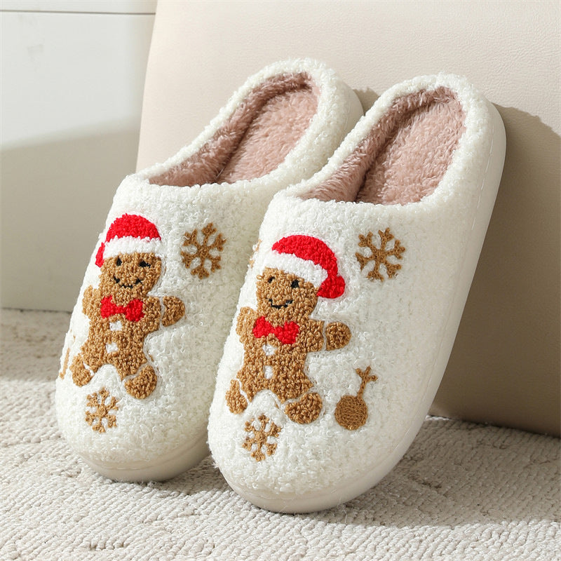 Pantoufles de Noël en forme de flocon de neige et de pain d'épice pour l'hiver, antidérapantes, pour chambre à coucher, chaussures de maison pelucheuses pour femmes, pantoufles de maison