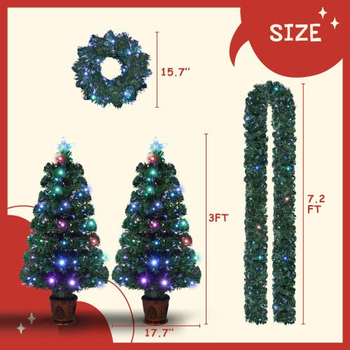 Ensemble de 4 sapins artificiels de Noël à fibre optique préinstallés, guirlande de Noël, guirlande et ensemble de 2 arbres d'entrée