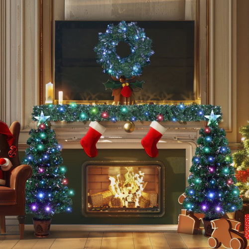 Ensemble de 4 sapins artificiels de Noël à fibre optique préinstallés, guirlande de Noël, guirlande et ensemble de 2 arbres d'entrée