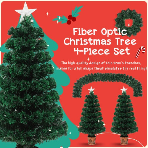 Ensemble de 4 sapins artificiels de Noël à fibre optique préinstallés, guirlande de Noël, guirlande et ensemble de 2 arbres d'entrée