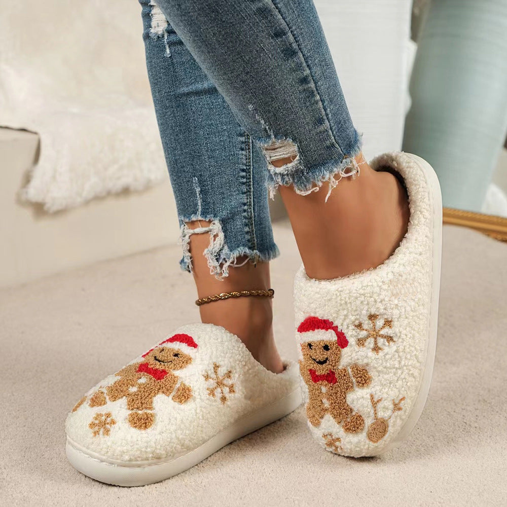 Pantoufles de Noël en forme de flocon de neige et de pain d'épice pour l'hiver, antidérapantes, pour chambre à coucher, chaussures de maison pelucheuses pour femmes, pantoufles de maison