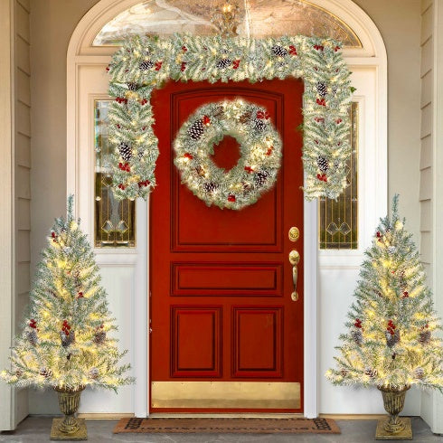 Ensemble de 4 pièces de sapin de Noël artificiel pré-éclairé, guirlande, couronne et ensemble de 2 arbres d'entrée de Noël