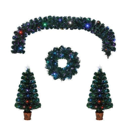 Ensemble de 4 sapins artificiels de Noël à fibre optique préinstallés, guirlande de Noël, guirlande et ensemble de 2 arbres d'entrée