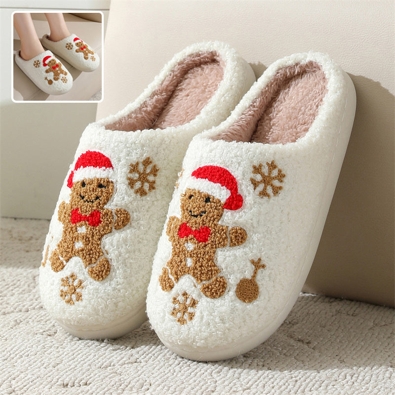 Pantoufles de Noël en forme de flocon de neige et de pain d'épice pour l'hiver, antidérapantes, pour chambre à coucher, chaussures de maison pelucheuses pour femmes, pantoufles de maison