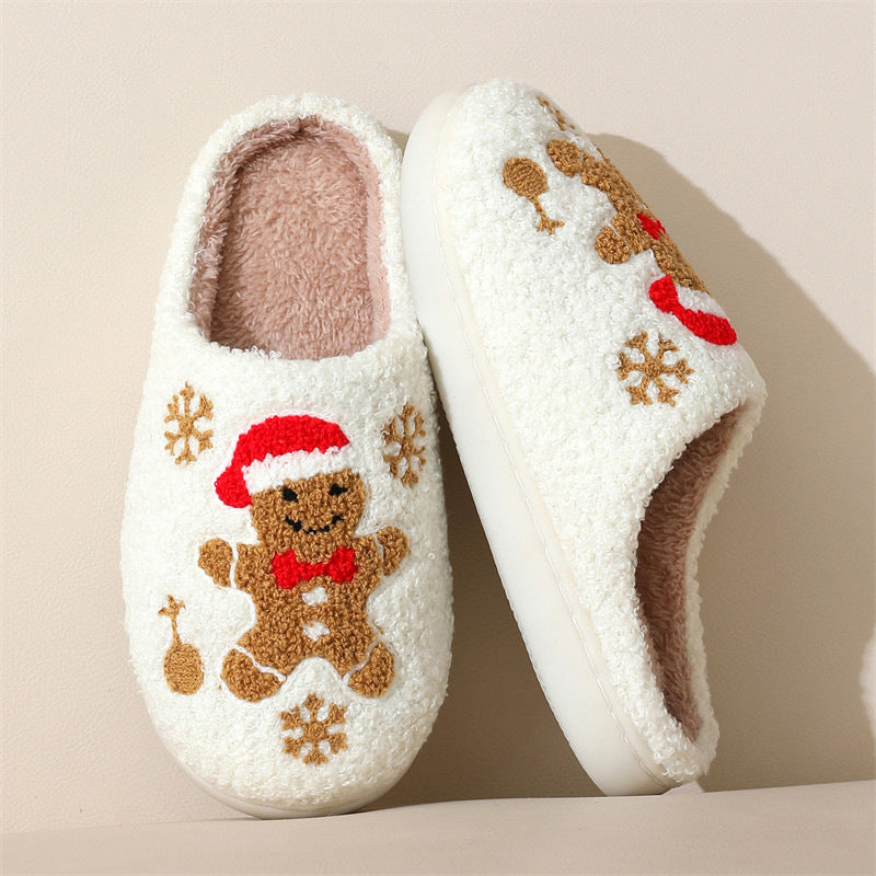 Pantoufles de Noël en forme de flocon de neige et de pain d'épice pour l'hiver, antidérapantes, pour chambre à coucher, chaussures de maison pelucheuses pour femmes, pantoufles de maison