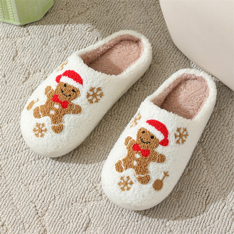 Pantoufles de Noël en forme de flocon de neige et de pain d'épice pour l'hiver, antidérapantes, pour chambre à coucher, chaussures de maison pelucheuses pour femmes, pantoufles de maison