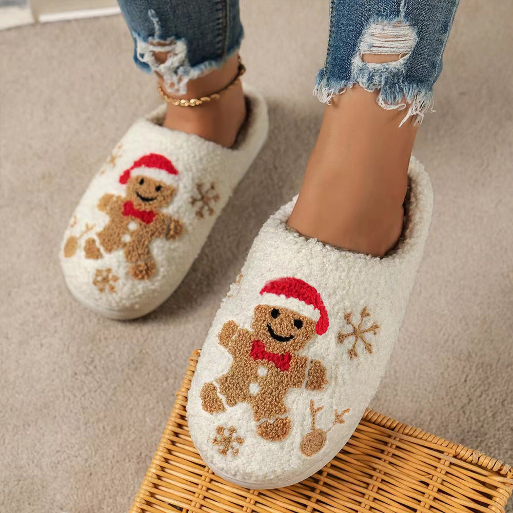 Pantoufles de Noël en forme de flocon de neige et de pain d'épice pour l'hiver, antidérapantes, pour chambre à coucher, chaussures de maison pelucheuses pour femmes, pantoufles de maison