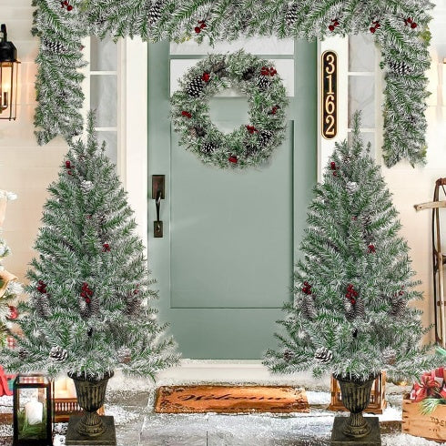 Ensemble de 4 pièces de sapin de Noël artificiel pré-éclairé, guirlande, couronne et ensemble de 2 arbres d'entrée de Noël